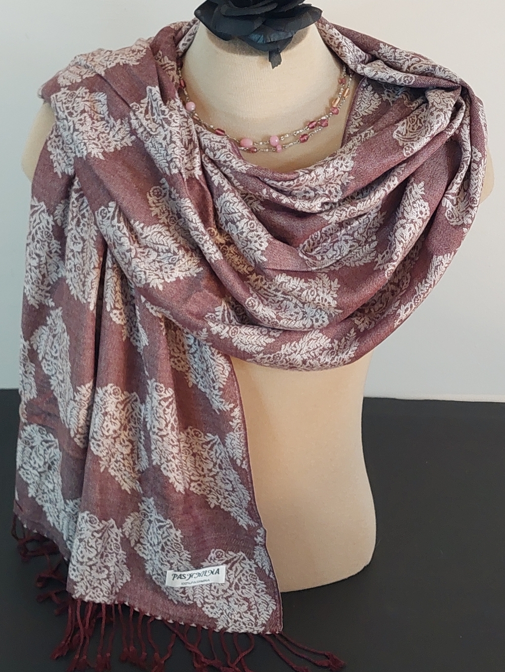 100% Pashmina Shawl Scarf Floral Maroon & Silver Reversible Floral Paisley Scarf